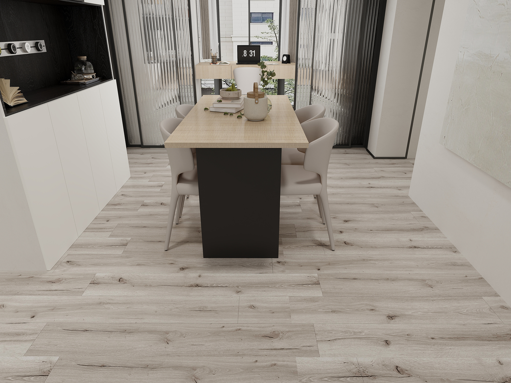 Dining area finished with light wood-look SPC flooring in a bright modern interior