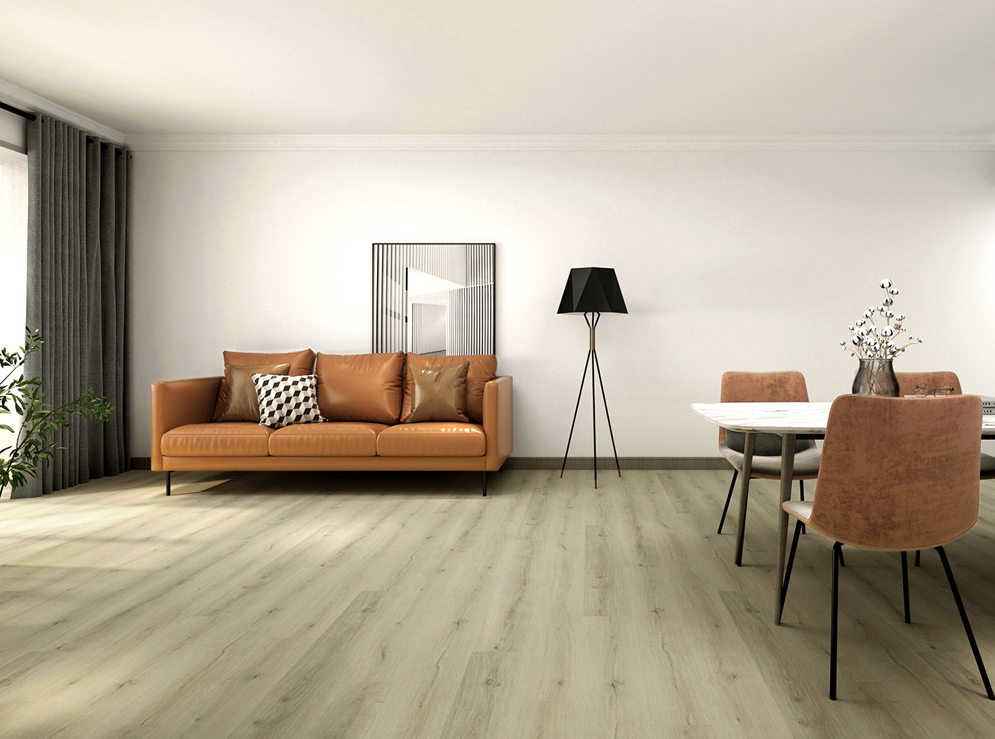 Kermit wood-look SPC flooring in a living room with daylight entering beside full-height curtains