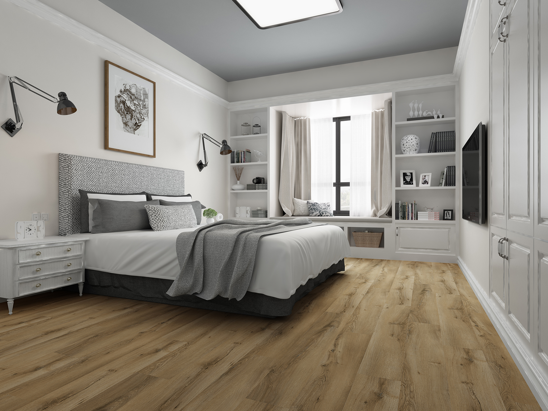 Bedroom finished with warm oak-look SPC flooring and attached underlay for a quieter step