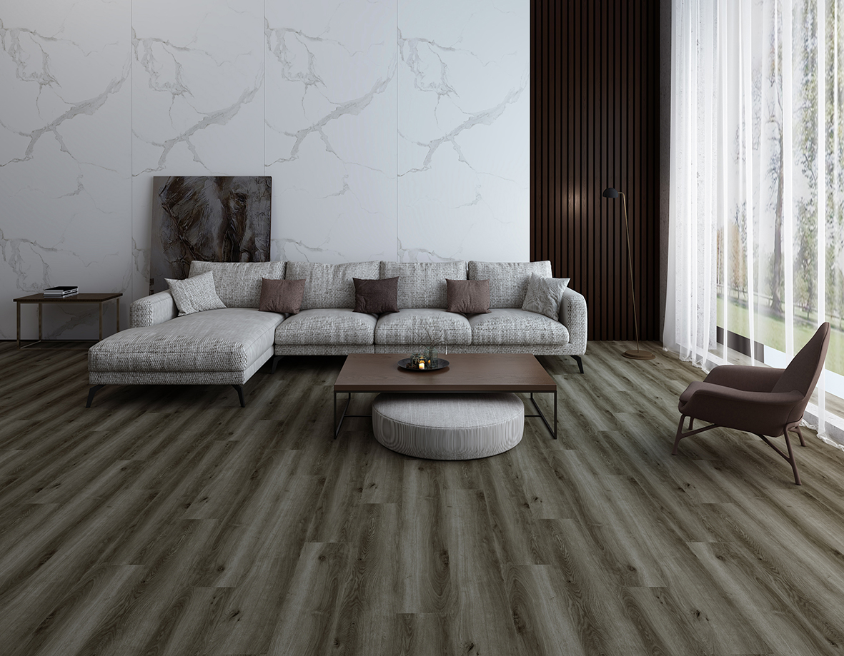 Kermit Elite P-219 collection interior image showing dark wood-look flooring beside a grey sofa and pale wall finishes