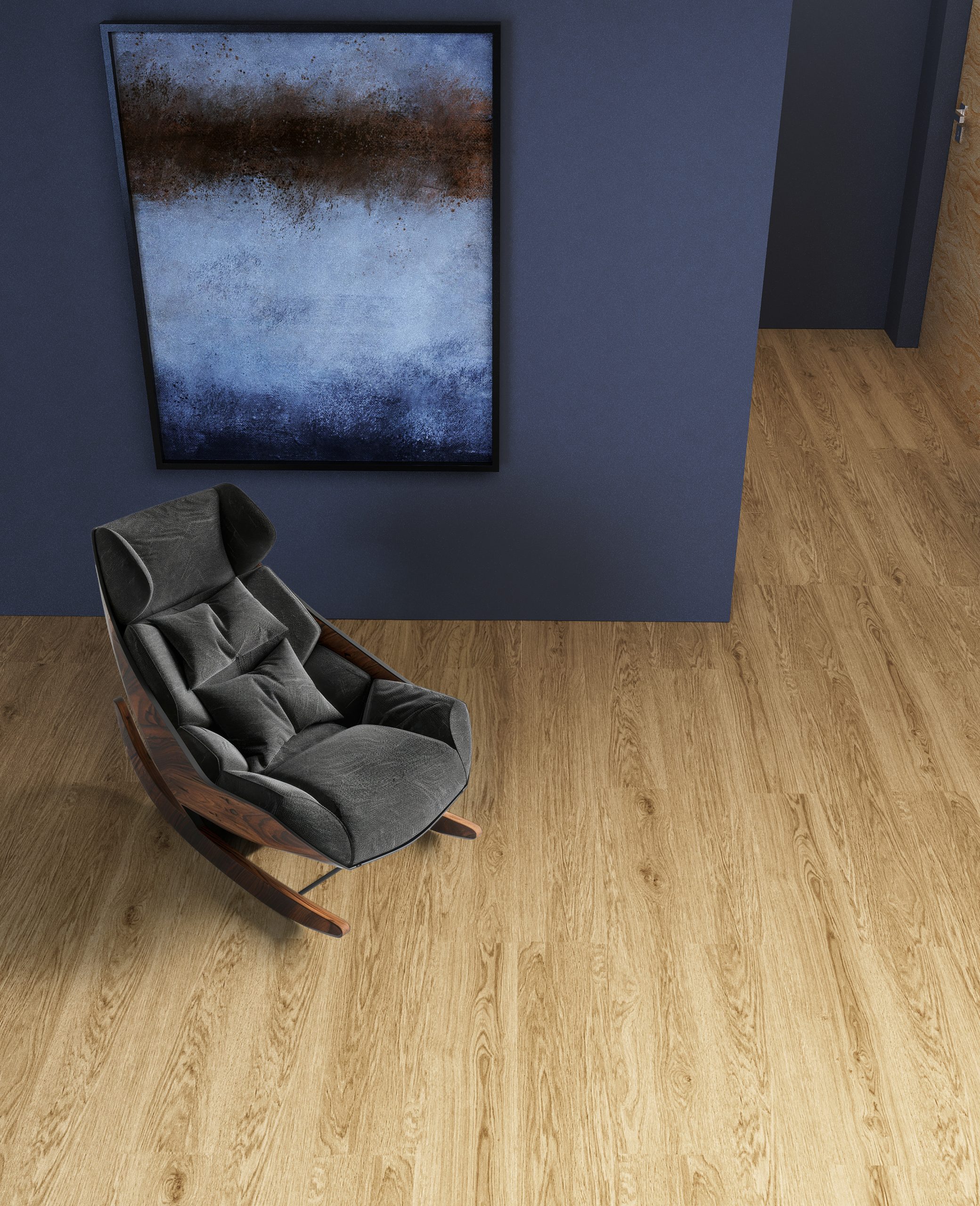Wood-look SPC flooring from Kermit's Sky collection beside a blue wall and timber-framed chair