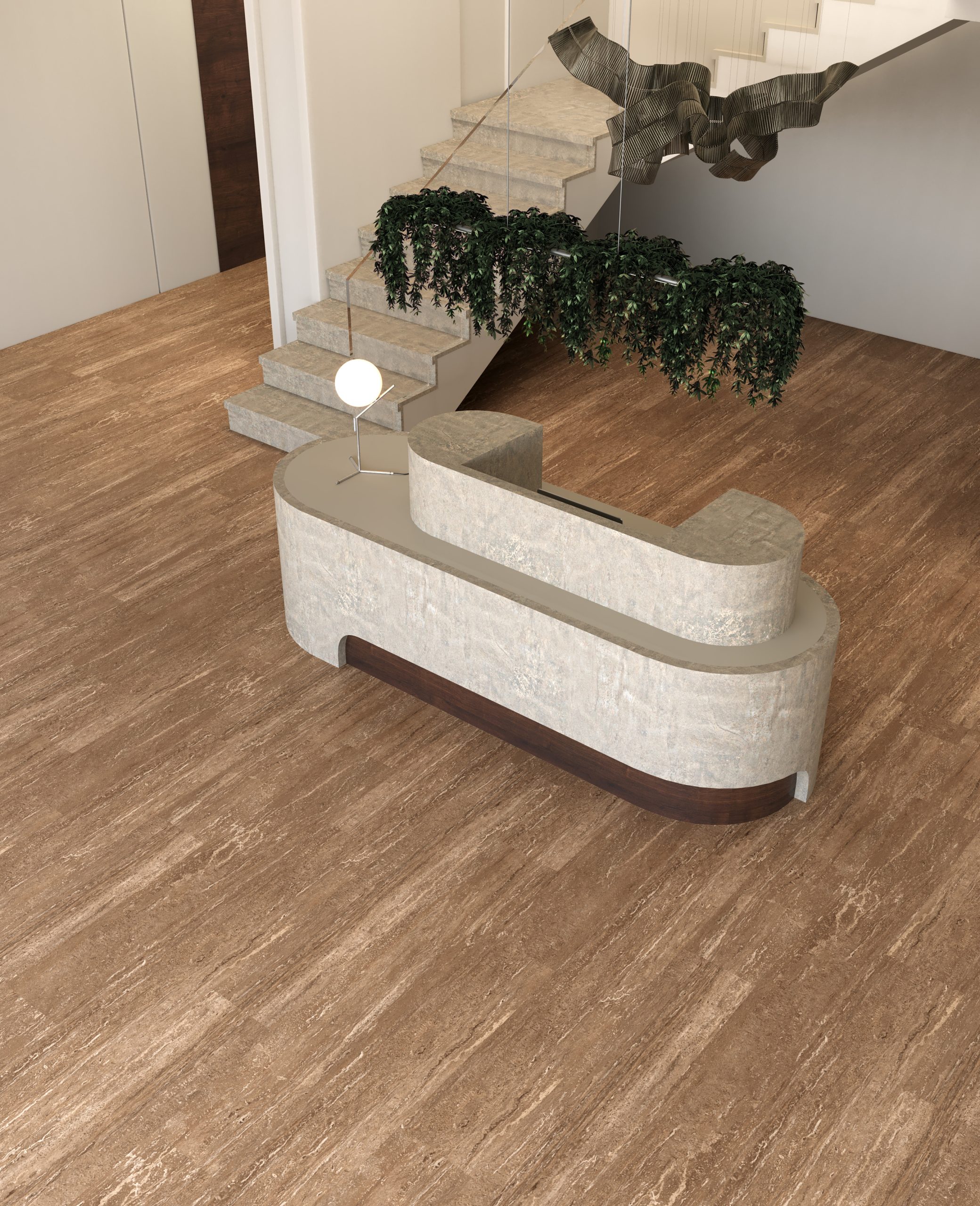 Hotel-style reception area finished with travertine-look SPC flooring suited to heavy foot traffic