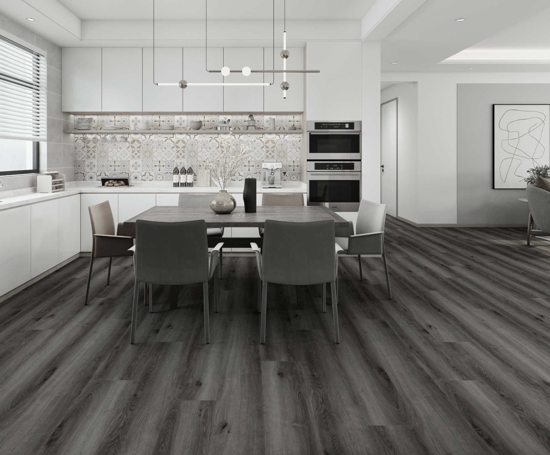 Modern kitchen and dining area finished with dark wood-look SPC flooring that tolerates everyday spills