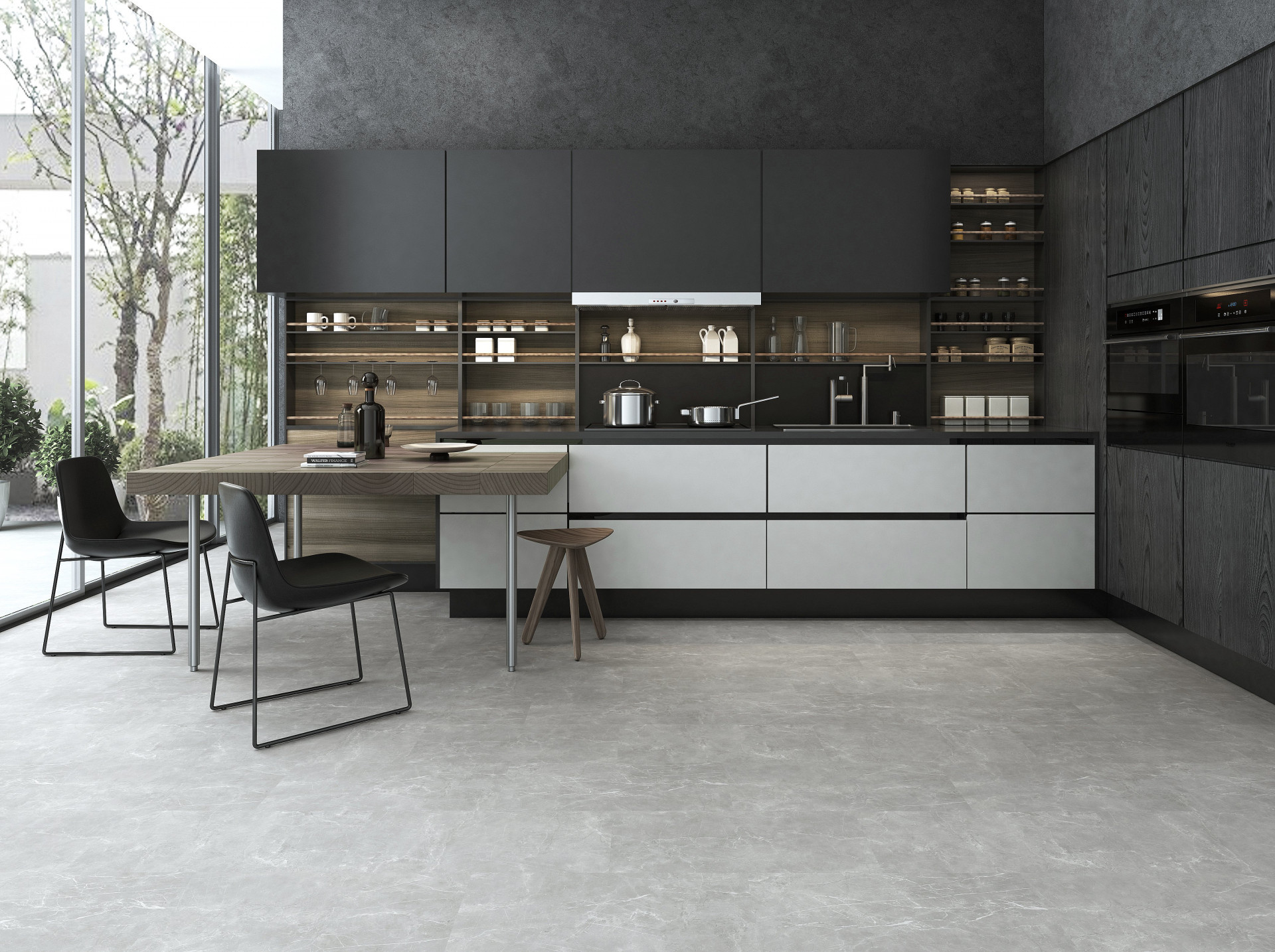 Contemporary dark kitchen with stone-look SPC flooring that hides daily dust and wipes clean